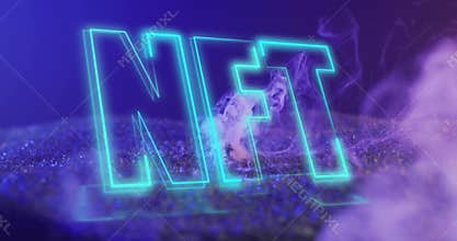 Flickering neon segments forming NFT outline on crypto platform, pulsing toppling into smoke plume