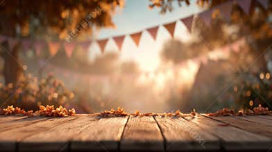 Autumnal scene with wooden table and festive bunting
