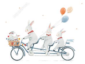 Cute watercolor rabbits riding tandem bicycle with balloons and flowers. Hand painted nursery wall art, kids poster, baby shower
