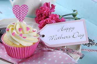 Happy Mothers Day aqua blue vintage retro shabby chic tray with pink cupcake close up