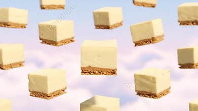 Cheesecake Squares Floating in a Cloudy Sky During the Daytime