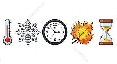 Seasons illustrated with Thermometer, Snowflake, Clock, Autumn Leaf, and Hourglass