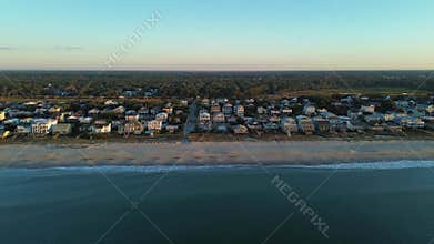 Aerial view of beach front homes in Oak Island, North Carolina