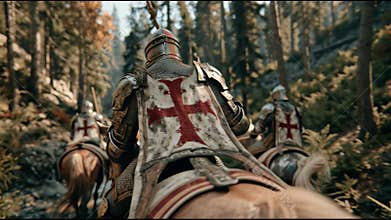 Gallant knights riding through enchanted forest on epic quest towards unseen adventure highlighting medieval chivalry