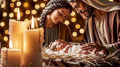 Nativity scene depicting the birth of jesus, with mary and joseph watching over the baby Fiction animation video