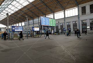 Interior View of the Historic Nyugati Railway Station Hall in Budapest
