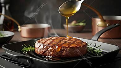 A Perfectly Grilled Beef Fillet Basted with Rich Golden Sauce and Rosemary Sprigs on a Cast Iron Pan, Evoking a Gourmet Dining