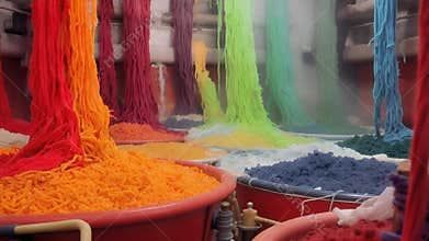 Colorful Yarn Manufacturing Process with Vibrant Hues and Industrial Setting