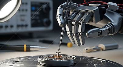 Robotic hand assembling a watch mechanism with precision tweezers in a clean workshop