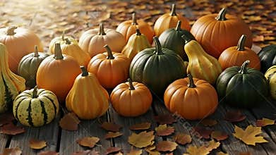Abundant Harvest Display Multicolored Pumpkins and Gourds on Rustic Wood Surface Surrounded by Autumn Leaves for Seasonal