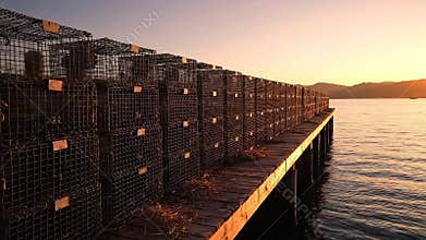 Rows Of Fishing Traps Stacked On A Wooden Pier During A Golden Sunset Over Calm Water