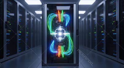 Futuristic Data Center with Glowing Energy Core and Light Trails