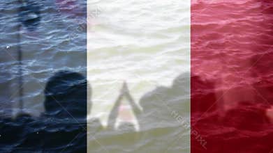 Protests France Paris. France flag. Protest in France. Rise hand. Pension reforms. Retirement age. Bastille day. Fireplace anarchy