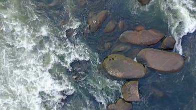 close up drone clip of Rapids on the Saluda River by the Riverwalk in Columbia