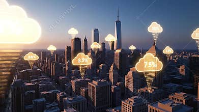 Digital Cloud Technology Over Cityscape At Sunset With Data Visualization Showing Growth Trends And Connectivity