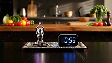 Digital Clock Displaying Time Next to Buddha Statue on Ornate Tray with Fruits and Vegetables in Blurred Kitchen Background Still