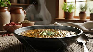 Fragrant Lentil Soup in Black Bowl with Wooden Rustic Tabletop and Herbs near Window Background Depicting Warmth and Culinary
