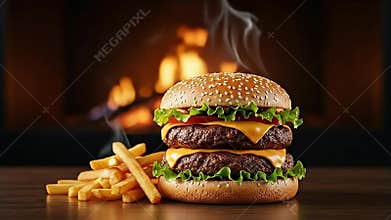 Grilled Double Cheeseburger with Melted Cheddar Cheese and Fresh Vegetables served with Fries on a Wooden Table with a Fireplace