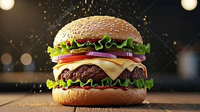 Juicy Beef Burger With Melted Cheese Lettuce Tomato Onion Pickles And Sesame Seed Bun Served On Wooden Table With Soft Bokeh