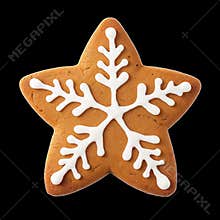 A Star-Shaped Gingerbread Cookie Features Intricate White Icing Designs Resembling Snowflakes