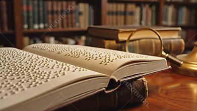 Open Braille Book in Library with Magnifying Glass