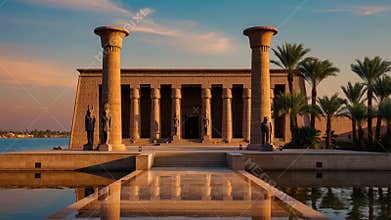 Ancient Egyptian temple with massive carved columns and hieroglyphics at sunset by water. Historic sandstone monument featuring