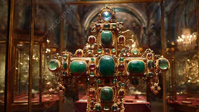 Ornate jeweled cross on display in a richly decorated museum exhibit