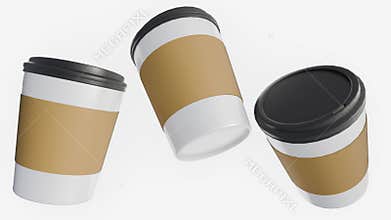 Three disposable coffee cups floating in a zero-gravity environment.