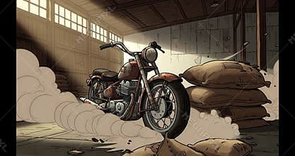 Dynamic Anime Motorcycle Action Scene in a Dusty Warehouse