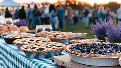 Outdoor potluck party featuring warm homemade fruit pies on a checkered table with friends gathering at twilight