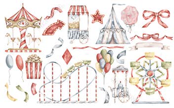 Watercolor hand-drawn clip art with amusement park - merry go round, ferris wheel, circus, roller coaster,
