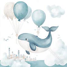 Baby clip art composition with cute watercolor flying whale lighthouse and air balloons. Illustration for children.