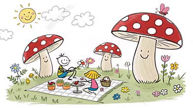 Animated Picnic Scene with Stick Figures and Mushrooms Under a Sunny Sky Symbolizing Joy and Childhood Fun