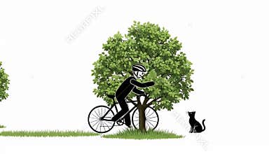 Black Stick Figure Cyclist Pedaling near a Tree with a Black Cat on White Background, Illustrating a Cycling Theme and