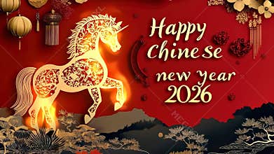 Celebrate the upcoming Chinese New Year 2026 with this beautiful greeting! A fiery horse and festive text mark the year according