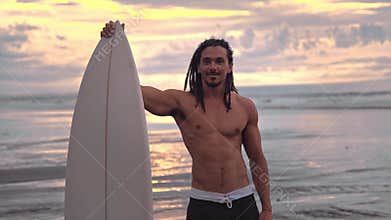 Happy Man Surfer with Surfboard to Surf at Sea Nature and Ocean Water Waves