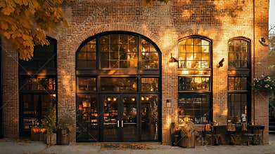 Generative AI Video Exterior of a Chic Restaurant with Brick Facade, Arched Windows