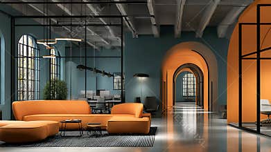 Generative AI Video Modern Open Office Interior with Orange Sofa, Arched Hallway, Large Windows