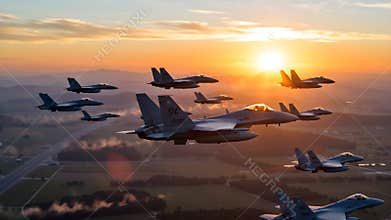Golden Hour Fighter Jet Formation in Majestic Sky
