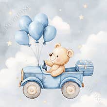This is a cute poster illustration of a teddy bear driving a vintage toy car with air balloons in the background. Watercolor hand