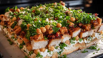 Delicious Savory Layered Bread Dish Topped with Fresh Herbs and Chickpeas