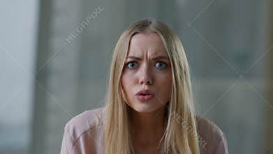 Close-up portrait shocked amazed Caucasian business woman looking at camera taking off glasses say wow open mouth girl