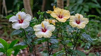 Vibrant Hibiscus Flowers Bloom in Lush Green Tropical Garden Oasis