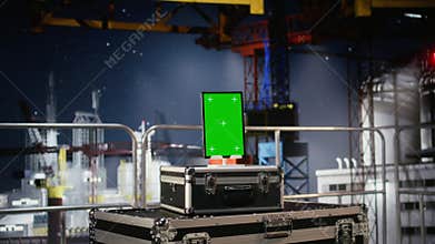 Vertical green screen tablet on empty oil rig connected to a dashboard