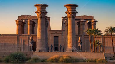 Ancient Egyptian temple with massive carved columns and hieroglyphics at sunset by water. Historic sandstone monument featuring