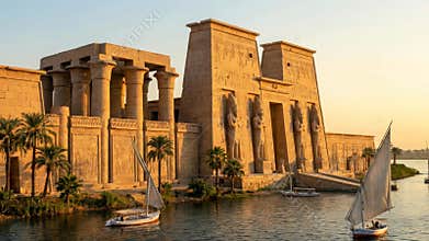 Ancient Egyptian temple with massive carved columns and hieroglyphics at sunset by water. Historic sandstone monument featuring