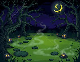 A swampy night pond with twisted ancient trees, gnarled branches, eerie shadows over murky green water