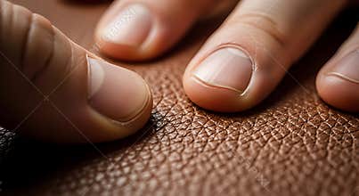 Close up of fingers touching brown leather surface showcasing texture and detail focus