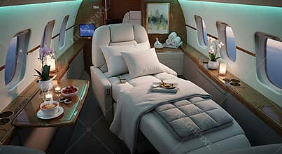 Luxurious private jet interior featuring a comfortable seat and elegant amenities onboard