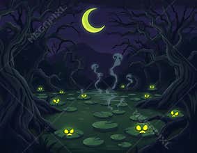 A spooky swampy night pond, with mysterious glowing eyes, crescent moon illuminating wisps of fog rising from the green water